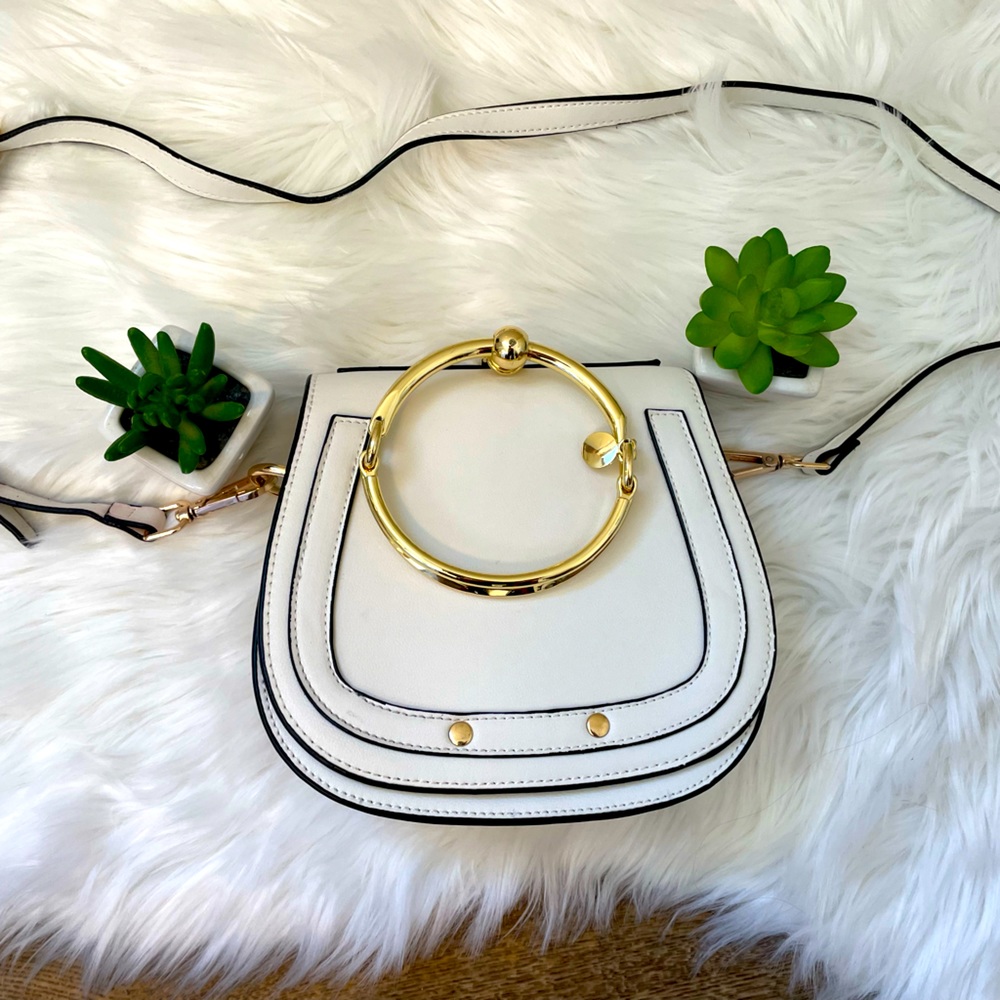 White Crossbody Bag with Gold Bracelet Handle